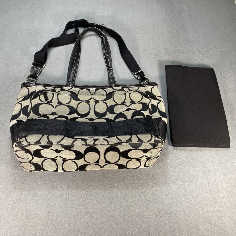 Coach F13803 Black Gray Signature Stripe XL Diaper Travel Tote Shoulder Bag Flaw - Picture 2 of 12